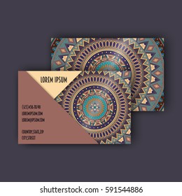 Vector Business card Design Template with Ornamental geometric mandala pattern. Vintage decorative elements. Hand drawn tile background. Islam, Arabic, Indian, ottoman motifs.