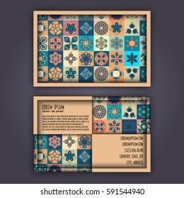 Vector Business card Design Template with Ornamental geometric mandala pattern. Vintage decorative elements. Hand drawn tile background. Islam, Arabic, Indian, ottoman motifs.