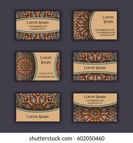 Vector Business card Design Template with Ornamental geometric mandala pattern. Vintage decorative elements. Hand drawn tile background. Islam, Arabic, Indian, ottoman motifs.