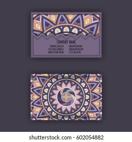 Vector Business card Design Template with Ornamental geometric mandala pattern. Vintage decorative elements. Hand drawn tile background. Islam, Arabic, Indian, ottoman motifs.