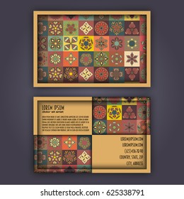 Vector Business card Design Template with Ornamental geometric mandala pattern. Vintage decorative elements. Hand drawn tile background. Islam, Arabic, Indian, ottoman motifs.