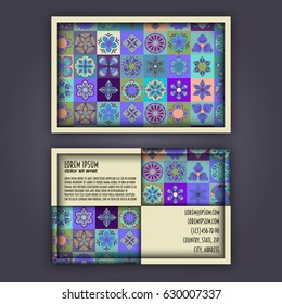 Vector Business card Design Template with Ornamental geometric mandala pattern. Vintage decorative elements. Hand drawn tile background. Islam, Arabic, Indian, ottoman motifs.