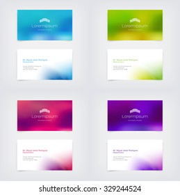 Vector business card design templates collection with blurred unfocused bokeh backgrounds and a modern building logo
