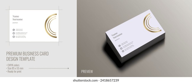 Vector business card design with white background and golden arc, visiting card template, cutaway mockup, calling card ready for printing, identification card with icons for contact information