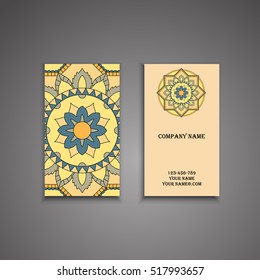 Vector business card. Floral mandala pattern and ornaments. Oriental design Layout. Islam, Arabic, Indian, ottoman motifs. Front page and back page.