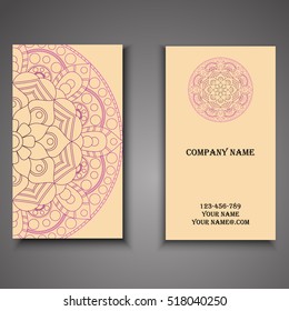 Vector business card. Floral mandala pattern and ornaments. Oriental design Layout. Islam, Arabic, Indian, ottoman motifs. Front page and back page.