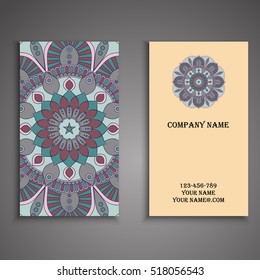 Vector business card. Floral mandala pattern and ornaments. Oriental design Layout. Islam, Arabic, Indian, ottoman motifs. Front page and back page.
