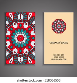 Vector business card. Floral mandala pattern and ornaments. Oriental design Layout. Islam, Arabic, Indian, ottoman motifs. Front page and back page.