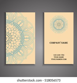 Vector business card. Floral mandala pattern and ornaments. Oriental design Layout. Islam, Arabic, Indian, ottoman motifs. Front page and back page.