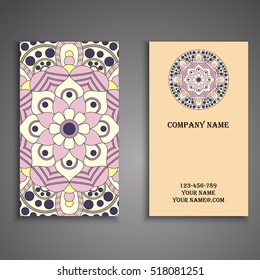Vector business card. Floral mandala pattern and ornaments. Oriental design Layout. Islam, Arabic, Indian, ottoman motifs. Front page and back page.