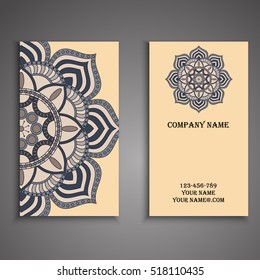Vector business card. Floral mandala pattern and ornaments. Oriental design Layout. Islam, Arabic, Indian, ottoman motifs. Front page and back page.