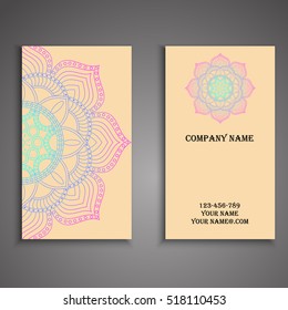 Vector business card. Floral mandala pattern and ornaments. Oriental design Layout. Islam, Arabic, Indian, ottoman motifs. Front page and back page.