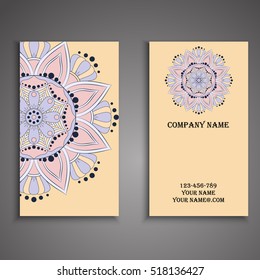Vector business card. Floral mandala pattern and ornaments. Oriental design Layout. Islam, Arabic, Indian, ottoman motifs. Front page and back page.