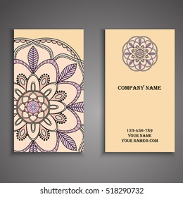 Vector business card. Floral mandala pattern and ornaments. Oriental design Layout. Islam, Arabic, Indian, ottoman motifs. Front page and back page.
