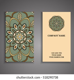 Vector business card. Floral mandala pattern and ornaments. Oriental design Layout. Islam, Arabic, Indian, ottoman motifs. Front page and back page.