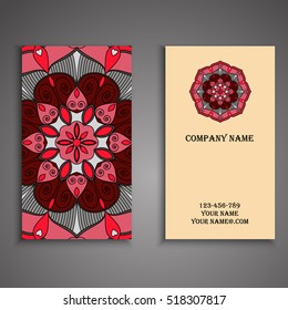 Vector business card. Floral mandala pattern and ornaments. Oriental design Layout. Islam, Arabic, Indian, ottoman motifs. Front page and back page.