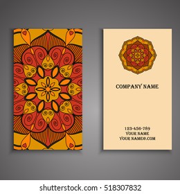 Vector business card. Floral mandala pattern and ornaments. Oriental design Layout. Islam, Arabic, Indian, ottoman motifs. Front page and back page.