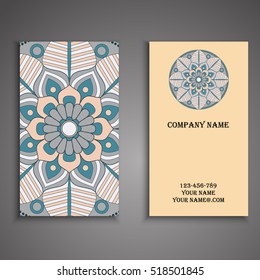Vector business card. Floral mandala pattern and ornaments. Oriental design Layout. Islam, Arabic, Indian, ottoman motifs. Front page and back page.