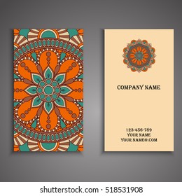 Vector business card. Floral mandala pattern and ornaments. Oriental design Layout. Islam, Arabic, Indian, ottoman motifs. Front page and back page.