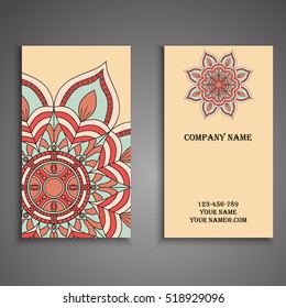 Vector business card. Floral mandala pattern and ornaments. Oriental design Layout. Islam, Arabic, Indian, ottoman motifs. Front page and back page.