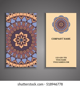 Vector business card. Floral mandala pattern and ornaments. Oriental design Layout. Islam, Arabic, Indian, ottoman motifs. Front page and back page.