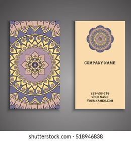 Vector business card. Floral mandala pattern and ornaments. Oriental design Layout. Islam, Arabic, Indian, ottoman motifs. Front page and back page.