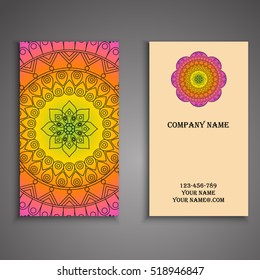 Vector business card. Floral mandala pattern and ornaments. Oriental design Layout. Islam, Arabic, Indian, ottoman motifs. Front page and back page.