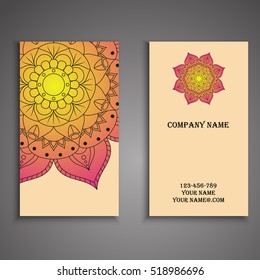 Vector business card. Floral mandala pattern and ornaments. Oriental design Layout. Islam, Arabic, Indian, ottoman motifs. Front page and back page.