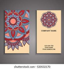 Vector business card. Floral mandala pattern and ornaments. Oriental design Layout. Islam, Arabic, Indian, ottoman motifs. Front page and back page.