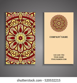 Vector business card. Floral mandala pattern and ornaments. Oriental design Layout. Islam, Arabic, Indian, ottoman motifs. Front page and back page.