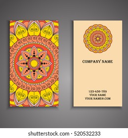 Vector business card. Floral mandala pattern and ornaments. Oriental design Layout. Islam, Arabic, Indian, ottoman motifs. Front page and back page.