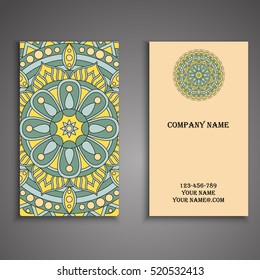 Vector business card. Floral mandala pattern and ornaments. Oriental design Layout. Islam, Arabic, Indian, ottoman motifs. Front page and back page.