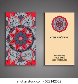 Vector business card. Floral mandala pattern and ornaments. Oriental design Layout. Islam, Arabic, Indian, ottoman motifs. Front page and back page.