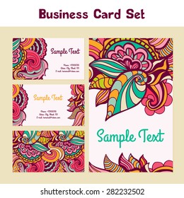 Vector business card with floral pattern. Hand painted illustration.