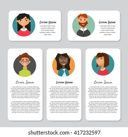 Vector business card or flyer collections. Colorful people avatars. Different characters including man and women. 