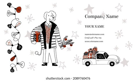 Vector business card layout with concept celebrating winter holidays, New Year, Christmas. It can be used for shops, companies that arrange holidays. A dog with branch of Christmas tree is depicted.