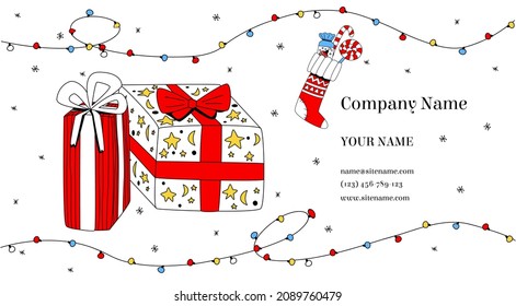 Vector business card layout with concept celebrating winter holidays, New Year, Christmas. It can be used for shops, companies that arrange holidays. Gift boxes stocking, sweets, lollipop, garland.