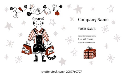 Vector business card layout with concept celebrating winter holidays, New Year, Christmas. It can be used for shops, companies that arrange holidays. Cat with gift bags, gift box, Christmas Light.