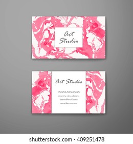 Vector  business card with marble texture.  Hand drawn artwork, paint on water. Abstract colorful background in ebru suminagashi technikue. Front page and back page.