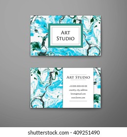 Vector  business card with marble texture.  Hand drawn artwork, paint on water. Abstract colorful background in ebru suminagashi technikue. Front page and back page.