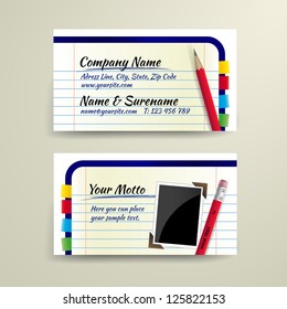 Vector business card with pencil and notebook - front and back site
