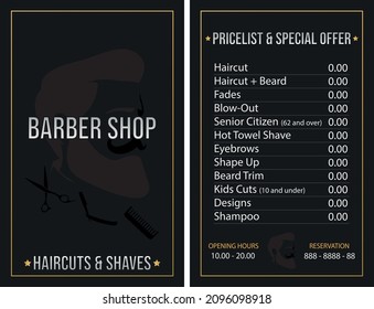 Vector Business Card Price List And Special Offer For Barber Shop With Opening Hours And Phone Number