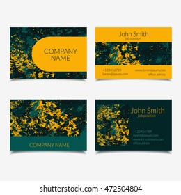 Vector business card set with abstract textured design. Green and yellow. Isolated.