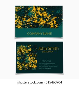Vector business card set with abstract textured design. Green and yellow. Isolated.