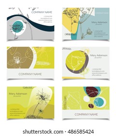 Vector business card set for art manager, wedding planner, florist with abstract flower design. Hand drawn. Made with ink. Isolated.