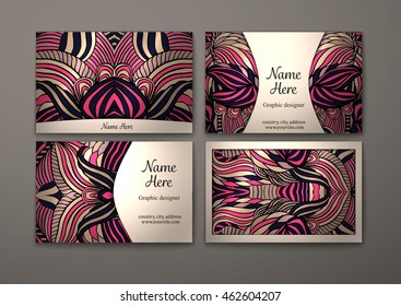 Vector business card set. Tribal abstract pattern pattern and ornaments. Ethnic design Layout. Front page and back page.