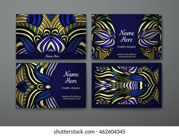 Vector business card set. Tribal abstract pattern pattern and ornaments. Ethnic design Layout. Front page and back page.