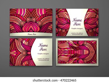 Vector business card set. Tribal abstract pattern pattern and ornaments. Ethnic design Layout. Front page and back page.