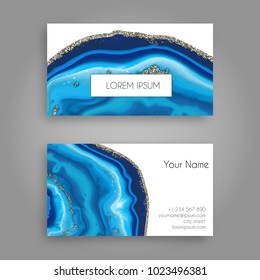 Vector business card template with Abstract marbled stone background. Agate slice blue coaster. Natural stone texture.