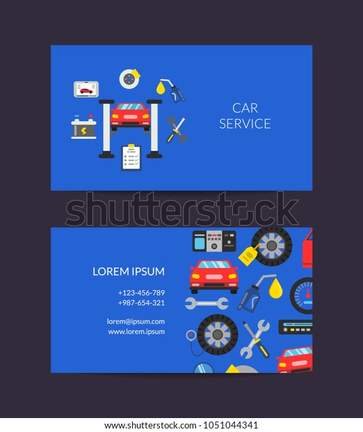 Vector business card\
template for auto service or lessons with flat style car service\
elements illustration